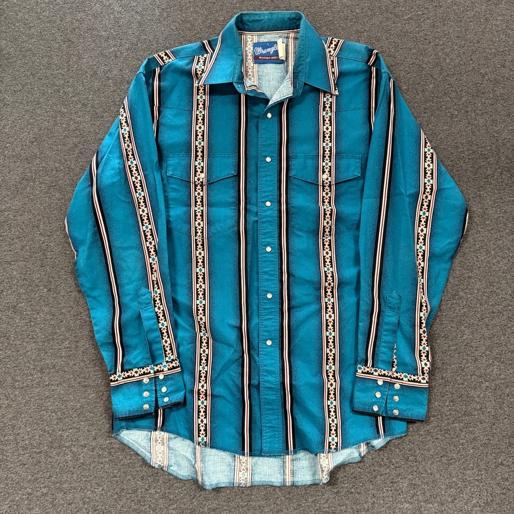Vintage Wrangler Western Snap Shirt Mens Large Teal Good Aztec Tribal Pearl Snap